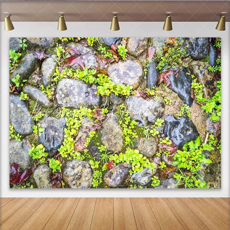 Lofaris Wet Natural Stone Photography Backdrop with Green Foliage and Fallen Leaves Textured Studio Background for Portrait Photoshoot