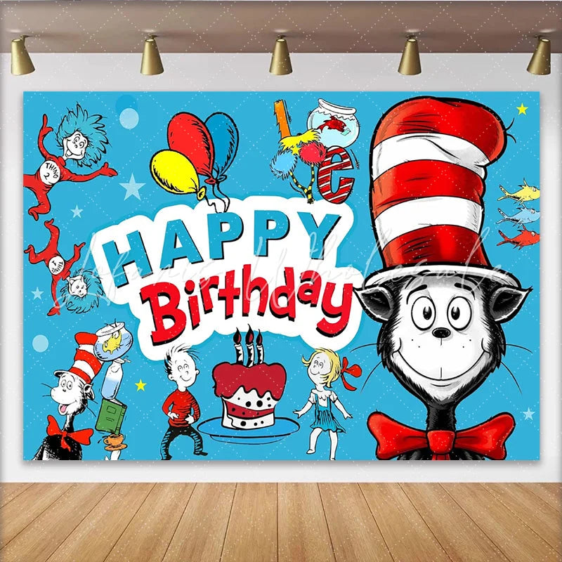 Lofaris Whimsical Cartoon Birthday Backdrop with Mischievous Characters and Colorful Balloons Fun Party Background for Kids Photoshoot
