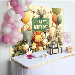 Lofaris Whimsical Cartoon Jungle Animals Happy Birthday Backdrop with Elephants and Lion Safari Party Decor