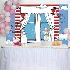 Lofaris Whimsical Cartoon Window Photography Backdrop with Red and White Stripes Blue Sky and Kites for Children’s Photoshoot