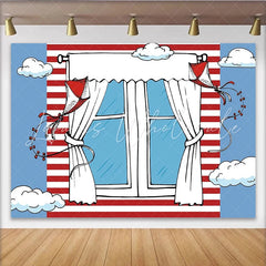 Lofaris Whimsical Cartoon Window Photography Backdrop with Red and White Stripes Blue Sky and Kites for Children’s Photoshoot