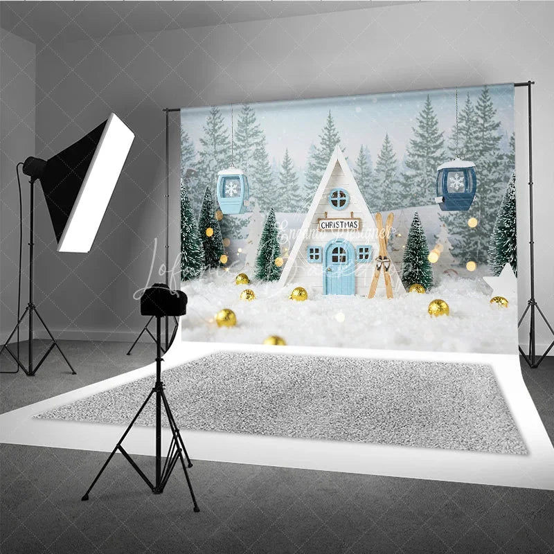 Lofaris Whimsical Christmas A-Frame Cabin Photography Backdrop Miniature Ski Lift in Snow Winter Holiday Photo Background