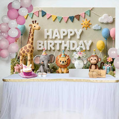 Lofaris Whimsical Clay Animals Happy Birthday Backdrop Jungle Safari Theme for Baby Shower and Kids Party
