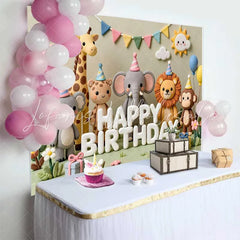 Lofaris Whimsical Clay Animals Happy Birthday Backdrop with Safari Jungle Theme Adorable Koala Elephant Lion Monkey Party Decoration