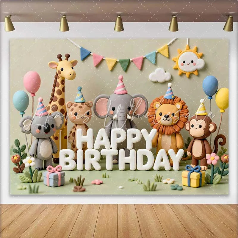 Lofaris Whimsical Clay Animals Happy Birthday Backdrop with Safari Jungle Theme Adorable Koala Elephant Lion Monkey Party Decoration