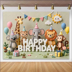 Lofaris Whimsical Clay Animals Happy Birthday Backdrop with Safari Jungle Theme Adorable Koala Elephant Lion Monkey Party Decoration