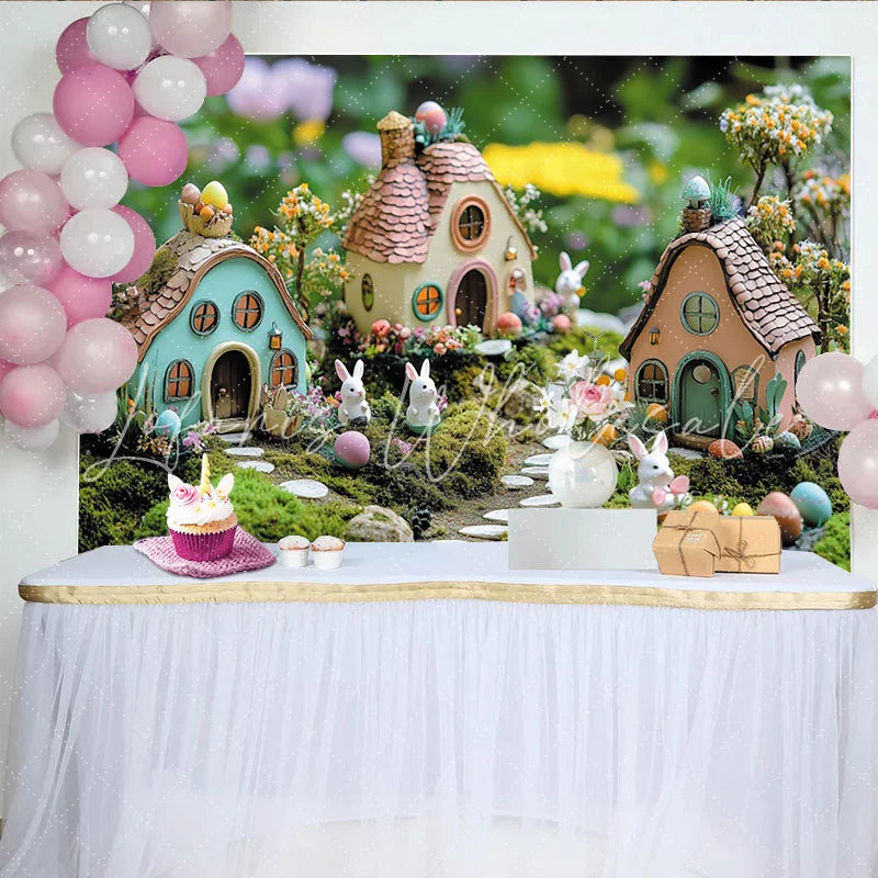 Lofaris Whimsical Easter Backdrop with Cute Bunnies and Colorful Eggs Enchanting Spring Garden Background for Holiday Party Decor