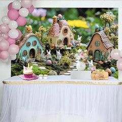 Lofaris Whimsical Easter Backdrop with Cute Bunnies and Colorful Eggs Enchanting Spring Garden Background for Holiday Party Decor