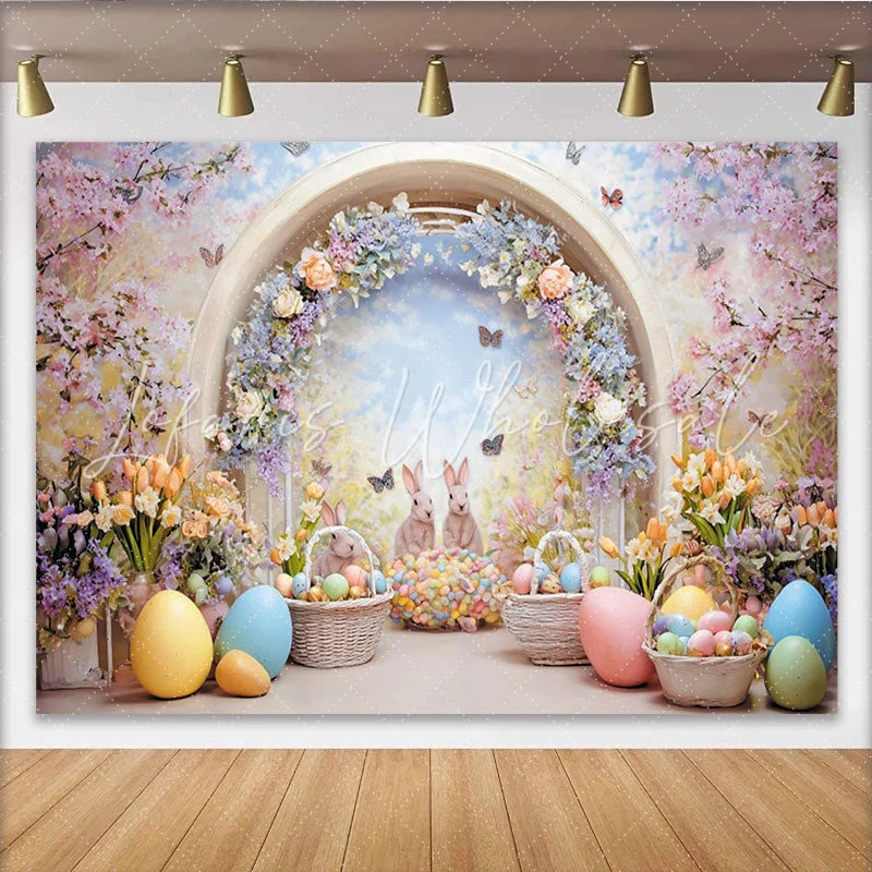 Lofaris Whimsical Easter Backdrop with Cute Bunnies and Colorful Eggs Spring Floral Archway and Butterfly Garden