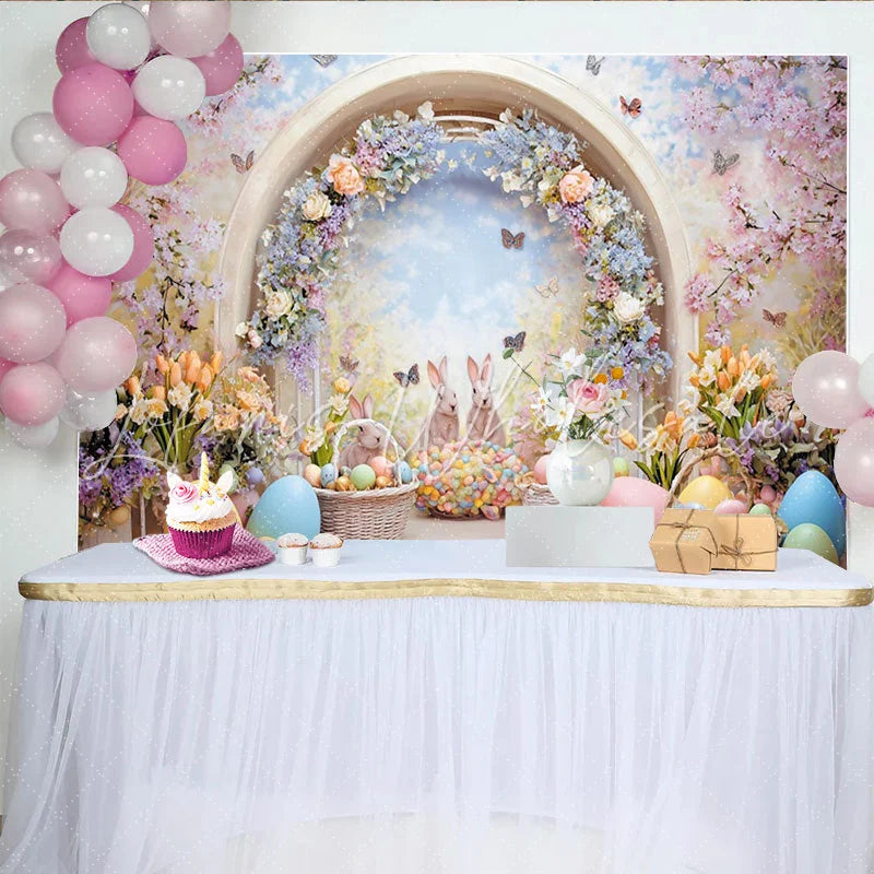 Lofaris Whimsical Easter Backdrop with Cute Bunnies and Colorful Eggs Spring Floral Archway and Butterfly Garden
