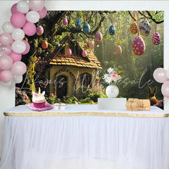Lofaris Whimsical Easter Backdrop with Hanging Eggs Enchanted Forest Cottage and Rabbit for Spring Photography