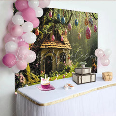 Lofaris Whimsical Easter Backdrop with Hanging Eggs Enchanted Forest Cottage and Rabbit for Spring Photography
