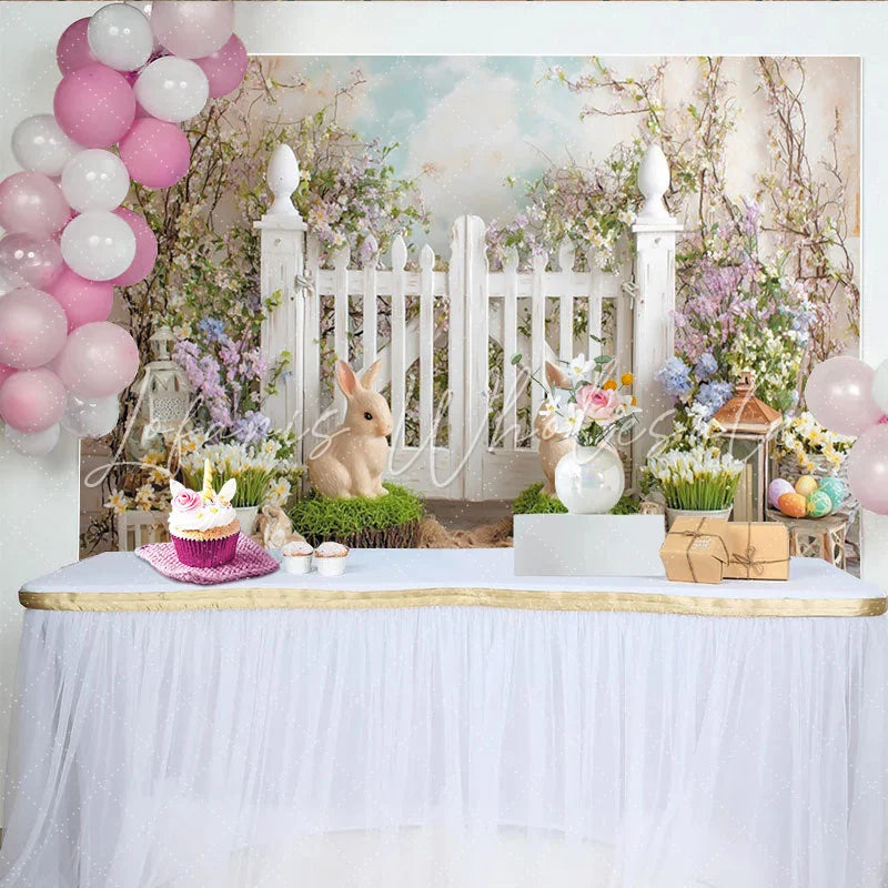Lofaris Whimsical Easter Backdrop with White Picket Fence Bunnies and Colorful Eggs Spring Garden Party Decor