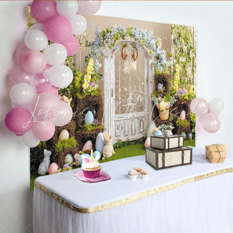 Lofaris Whimsical Easter Backdrop with White Wooden Door Spring Floral Arch and Pastel Eggs Green Grass Bunny Party Decor