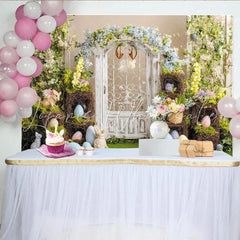 Lofaris Whimsical Easter Backdrop with White Wooden Door Spring Floral Arch and Pastel Eggs Green Grass Bunny Party Decor