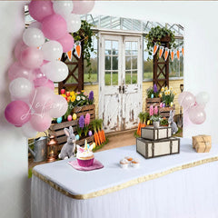Lofaris Whimsical Easter Spring Garden Party Backdrop Rustic Greenhouse with Bunnies and Carrots