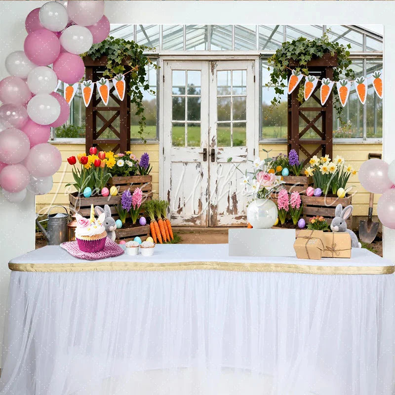 Lofaris Whimsical Easter Spring Garden Party Backdrop Rustic Greenhouse with Bunnies and Carrots