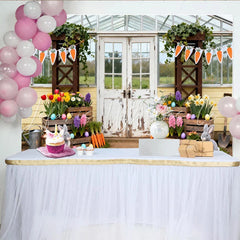 Lofaris Whimsical Easter Spring Garden Party Backdrop Rustic Greenhouse with Bunnies and Carrots