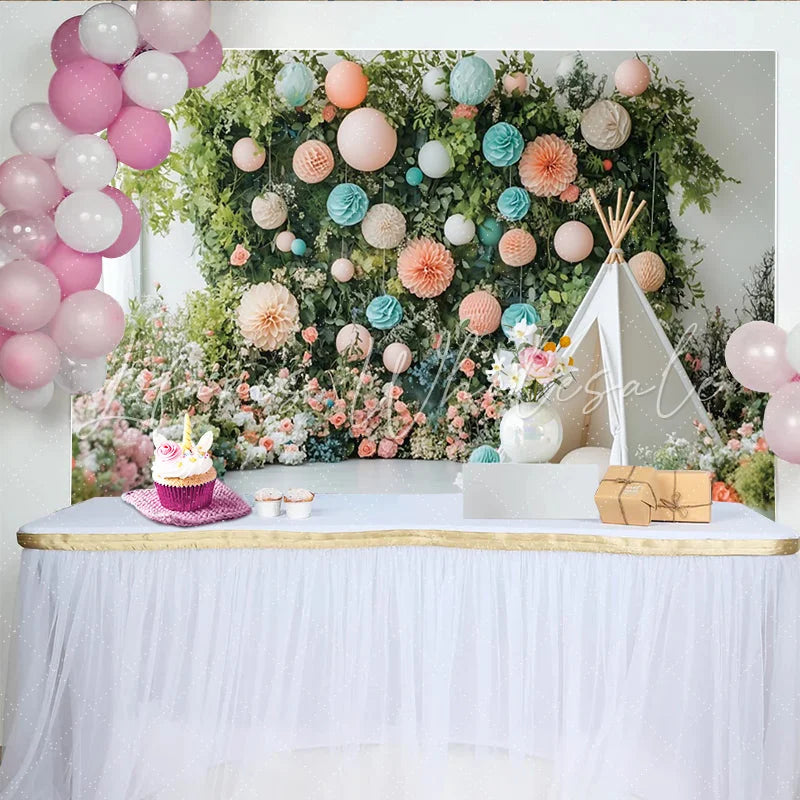 Lofaris Whimsical Floral Greenery Photography Backdrop with Pastel Lanterns Elegant Studio Background for Baby and Child Photoshoot