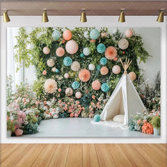Lofaris Whimsical Floral Greenery Photography Backdrop with Pastel Lanterns Elegant Studio Background for Baby and Child Photoshoot