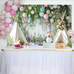 Lofaris Whimsical Floral Photography Backdrop with Teepee Tents and Pastel Flowers Studio Background for Baby Shower or Birthday Party Decor
