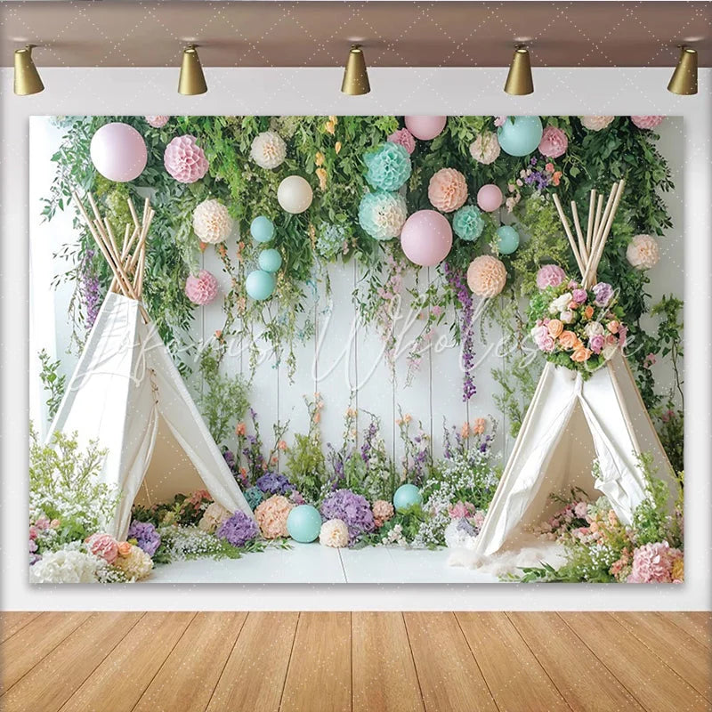 Lofaris Whimsical Floral Photography Backdrop with Teepee Tents and Pastel Flowers Studio Background for Baby Shower or Birthday Party Decor