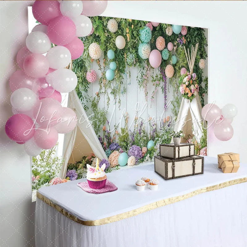 Lofaris Whimsical Floral Photography Backdrop with Teepee Tents and Pastel Flowers Studio Background for Baby Shower or Birthday Party Decor