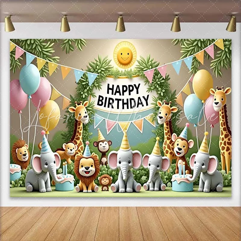 Lofaris Whimsical Jungle Safari Animals Happy Birthday Backdrop with Pastel Balloons and Cakes Kids Party Decor