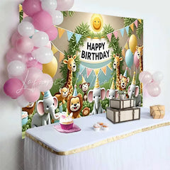 Lofaris Whimsical Jungle Safari Animals Happy Birthday Backdrop with Pastel Balloons and Cakes Kids Party Decor