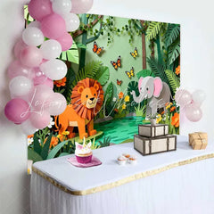 Lofaris Whimsical Paper Cut Jungle Safari Birthday Backdrop featuring Lion Elephant and Butterflies for Kids Party