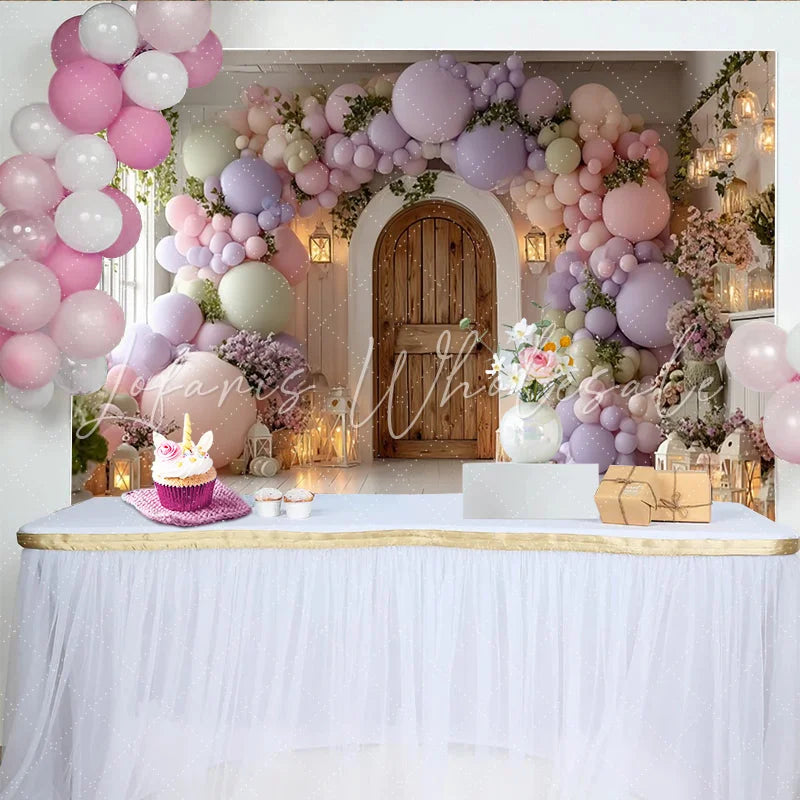 Lofaris Whimsical Pastel Balloon Arch Baby Shower Backdrop with Rustic Wooden Door and Lanterns Elegant Photo Background for Party Decor
