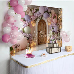 Lofaris Whimsical Pastel Balloon Arch Baby Shower Backdrop with Rustic Wooden Door and Lanterns Elegant Photo Background for Party Decor