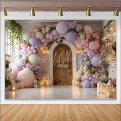 Lofaris Whimsical Pastel Balloon Arch Baby Shower Backdrop with Rustic Wooden Door and Lanterns Elegant Photo Background for Party Decor