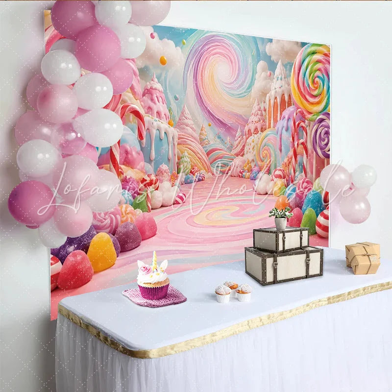 Lofaris Whimsical Pastel Candy Land Birthday Backdrop with Lollipops and Sweets Colorful Dessert Party Background for Kids Photoshoot Decor