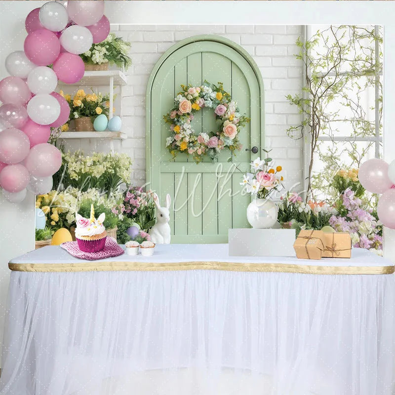 Lofaris Whimsical Pastel Spring Garden Party Backdrop Green Arched Door with Floral Wreath and Easter Bunnies