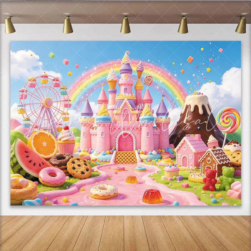 Lofaris Whimsical Pink Castle Candy Land Birthday Backdrop for Girls Sweet Ferris Wheel Party Decor and Photo Background
