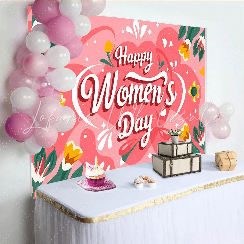Lofaris Whimsical Pink Womens Day Backdrop Abstract Shapes and Tulips International Womens Day Banner