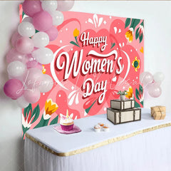 Lofaris Whimsical Pink Womens Day Backdrop Abstract Shapes and Tulips International Womens Day Banner