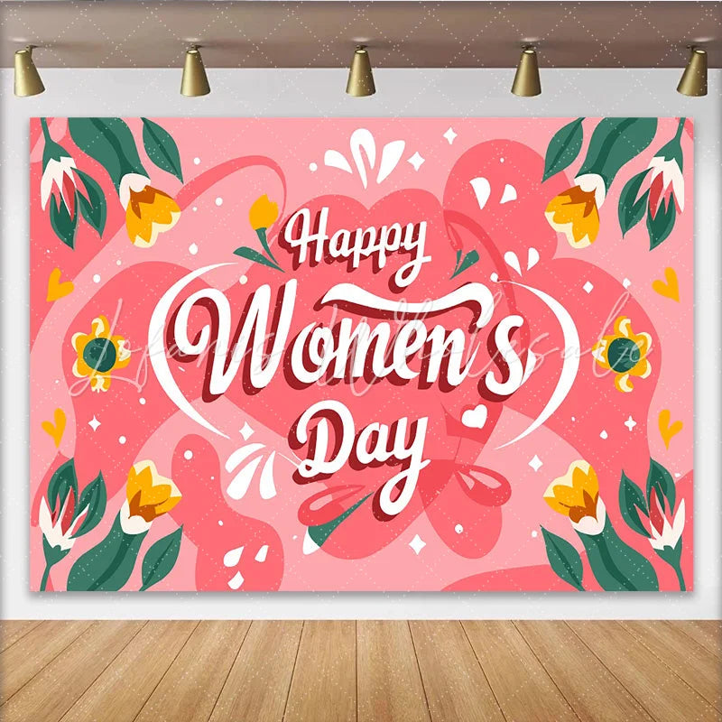Lofaris Whimsical Pink Womens Day Backdrop Abstract Shapes and Tulips International Womens Day Banner