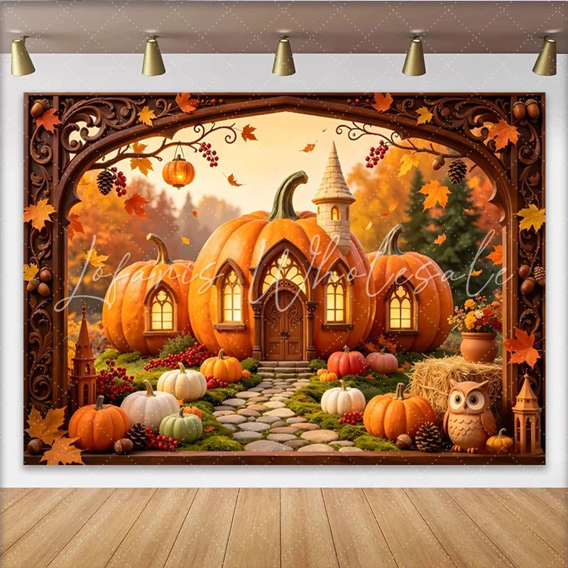 Lofaris Whimsical Pumpkin House Autumn Backdrop with Fall Leaves and Owl Rustic Photo Booth Prop for Seasonal Events.