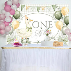 Lofaris Whimsical Silly Goose First Birthday Backdrop with Sage Green and Cream Balloons