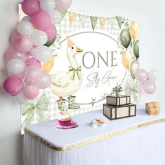 Lofaris Whimsical Silly Goose First Birthday Backdrop with Sage Green and Cream Balloons