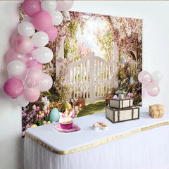 Lofaris Whimsical Spring Floral Arch Easter Backdrop White Picket Fence Garden with Pastel Eggs and Bunnies Party Decor.