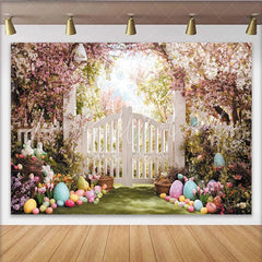 Lofaris Whimsical Spring Floral Arch Easter Backdrop White Picket Fence Garden with Pastel Eggs and Bunnies Party Decor.