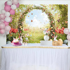 Lofaris Whimsical Spring Floral Easter Backdrop with Arch Flying Butterflies and Colorful Eggs