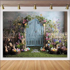 Lofaris Whimsical Spring Garden Easter Backdrop with Blue Wooden Door White Picket Fence and Colorful Flowers Green Grass