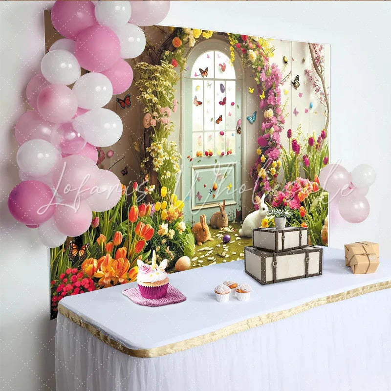 Lofaris Whimsical Spring Garden Easter Backdrop with Cute Bunnies Vibrant Flowers and Butterflies Arched Door Decor