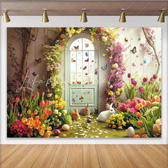 Lofaris Whimsical Spring Garden Easter Backdrop with Cute Bunnies Vibrant Flowers and Butterflies Arched Door Decor