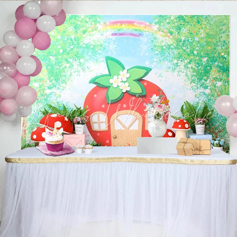 Lofaris Whimsical Strawberry House Photography Backdrop with Red Mushrooms and Green Foliage Fairy Tale Garden for Kids Photoshoot