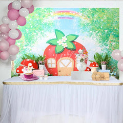Lofaris Whimsical Strawberry House Photography Backdrop with Red Mushrooms and Green Foliage Fairy Tale Garden for Kids Photoshoot